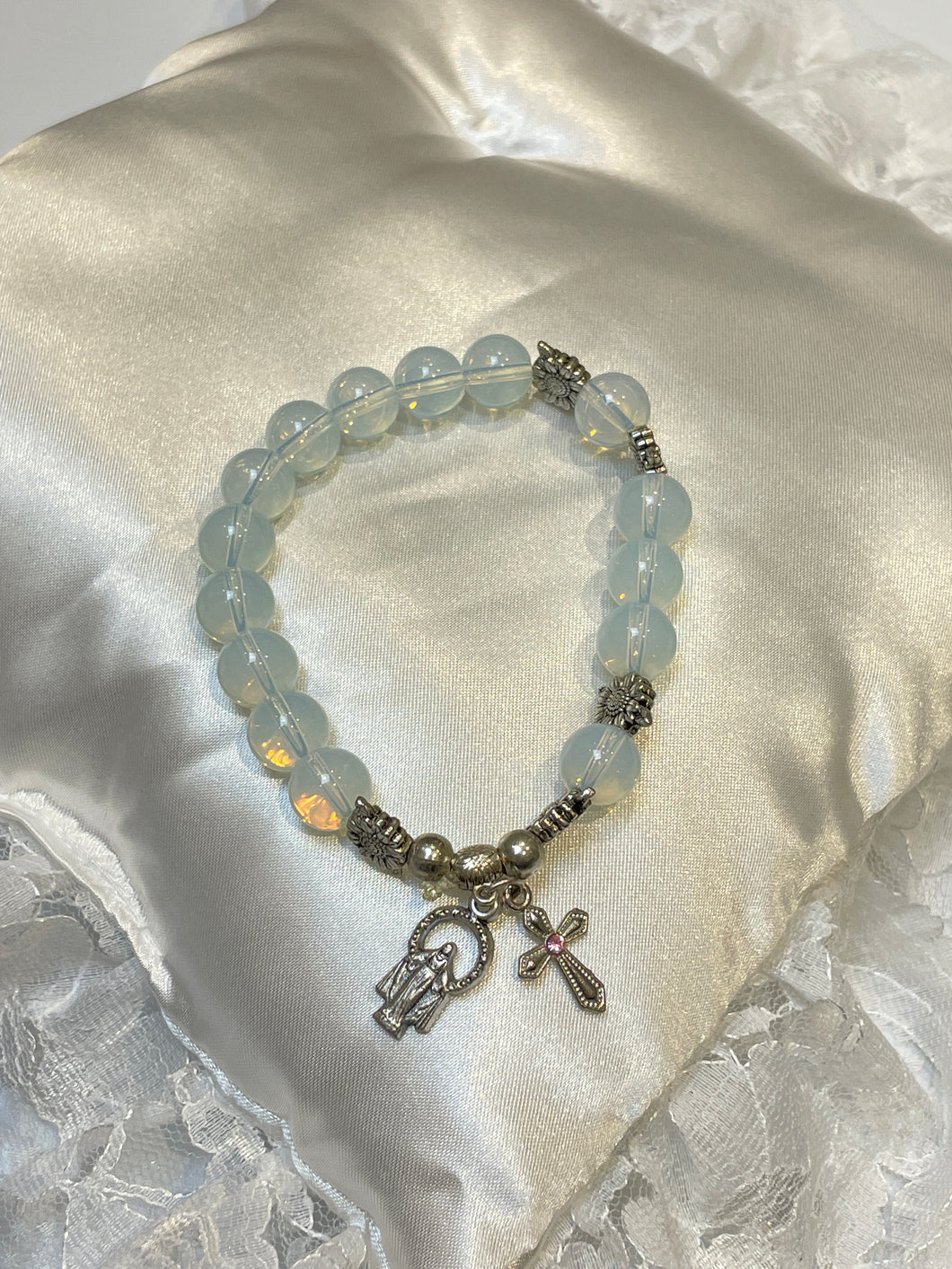 Translucent Blue Gemstone Rosary Bracelet with Our Lady of Grace and Crucifix Charms