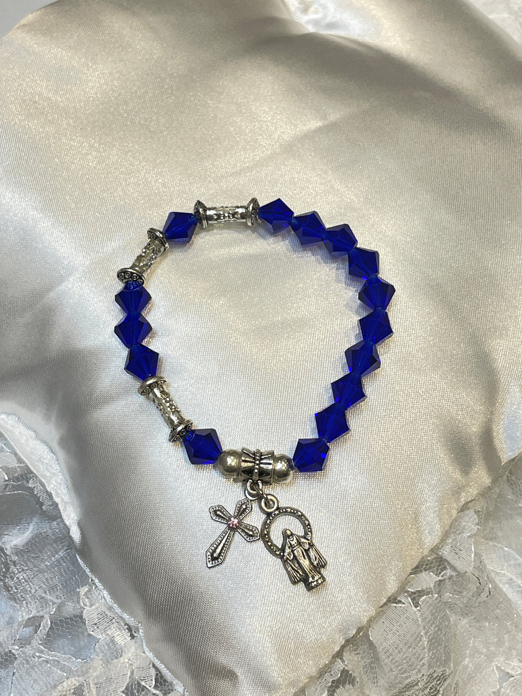 Navy Blue Crystal Rosary Bracelet with Our Lady of Grace and Cross Charms