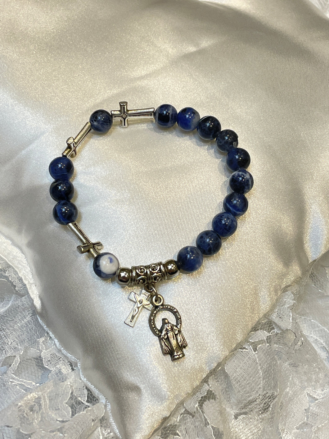 Dark Blue Gemstone Rosary Bracelet with Our Lady of Grace and Crucifix Charms