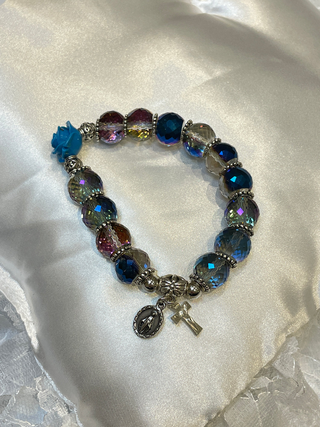 Dark Blue and Pink Crystal Rosary Bracelet with Miraculous Medal and Crucifix Charms