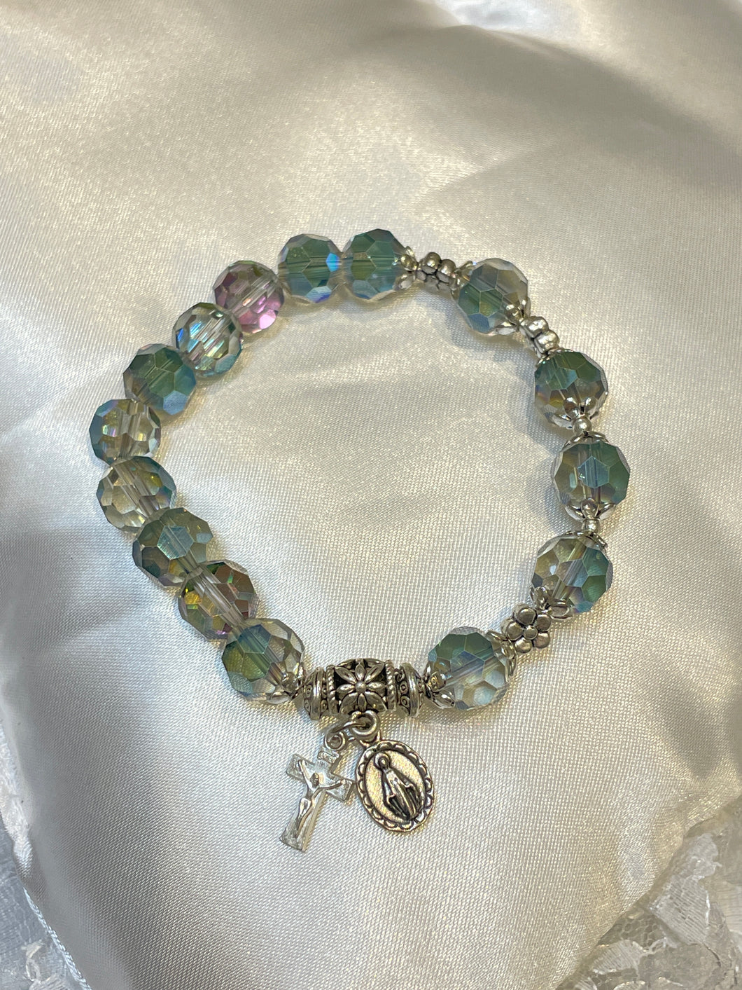 Teal Crystal Rosary Bracelet with Miraculous Medal and Crucifix Charms