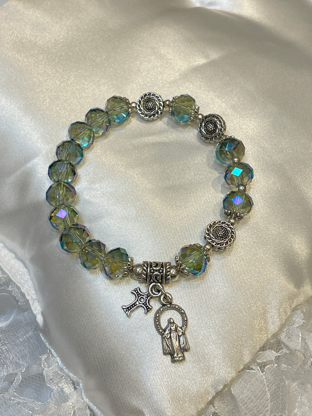 Teal Crystal Rosary Bracelet with Our Lady of Grace and Cross Charms