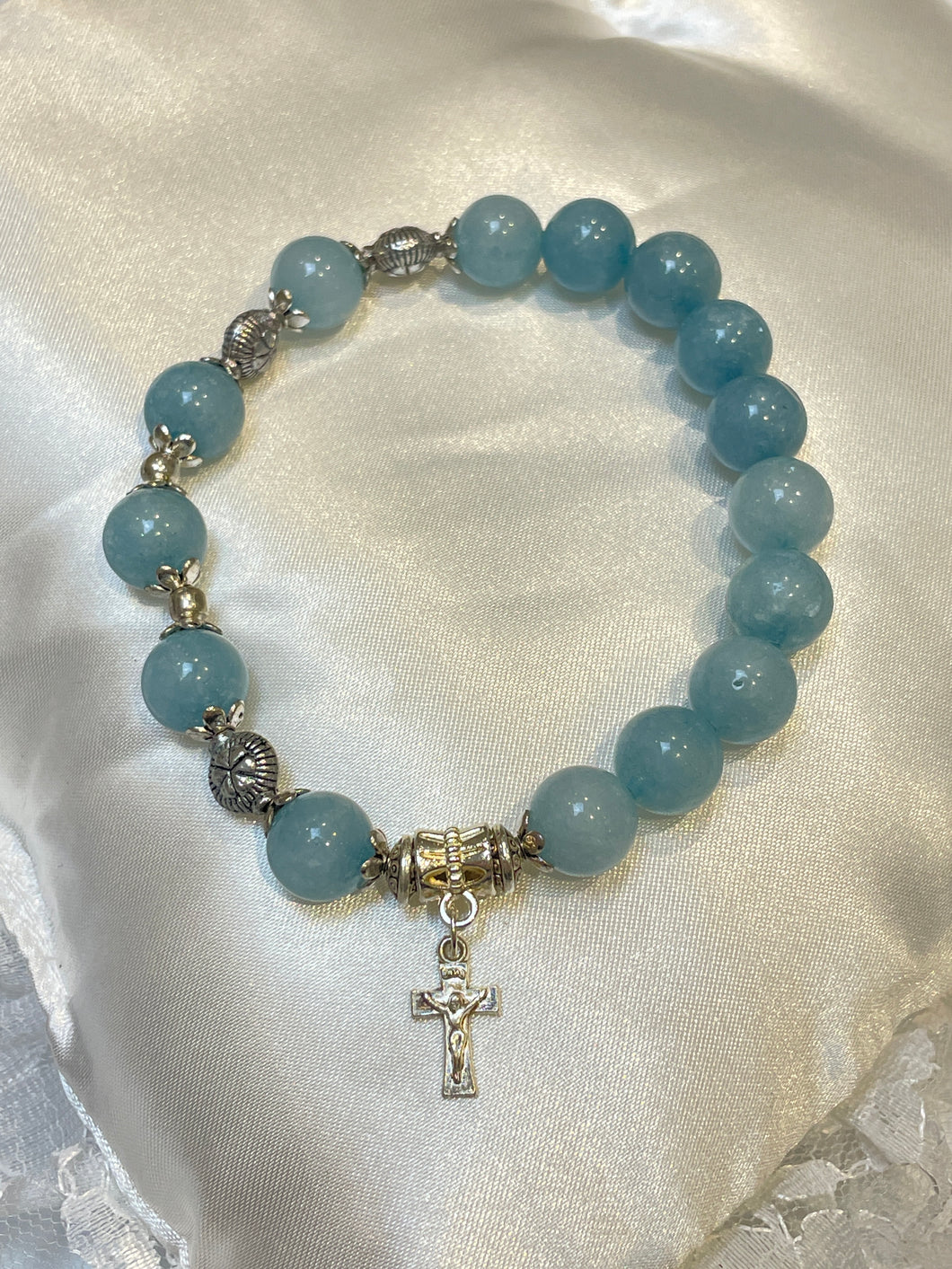 Light Blue Gemstone Rosary Bracelet with Crucifix Charm