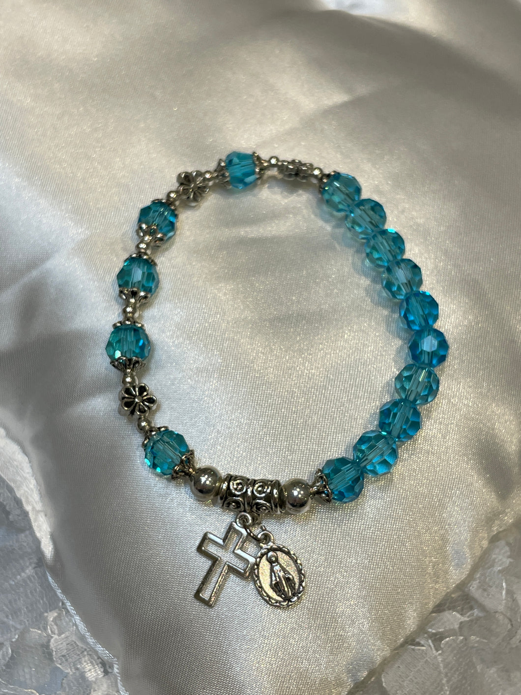 Bright Blue Crystal Rosary Bracelet with Miraculous Medal and Cross Charms