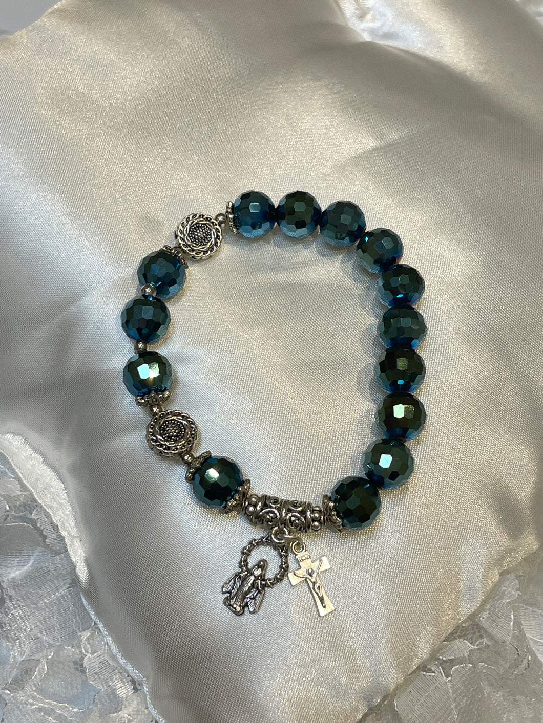 Dark Blue Crystal Rosary Bracelet with Miraculous Medal and Crucifix Charms