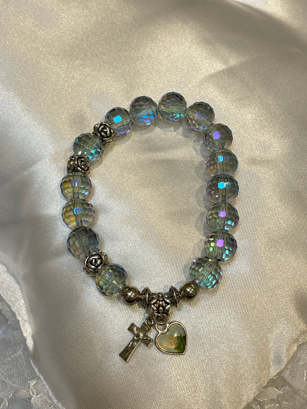 Translucent Blue Crystal Rosary Bracelet with Jesus the Good Shepherd and Crucifix Charms