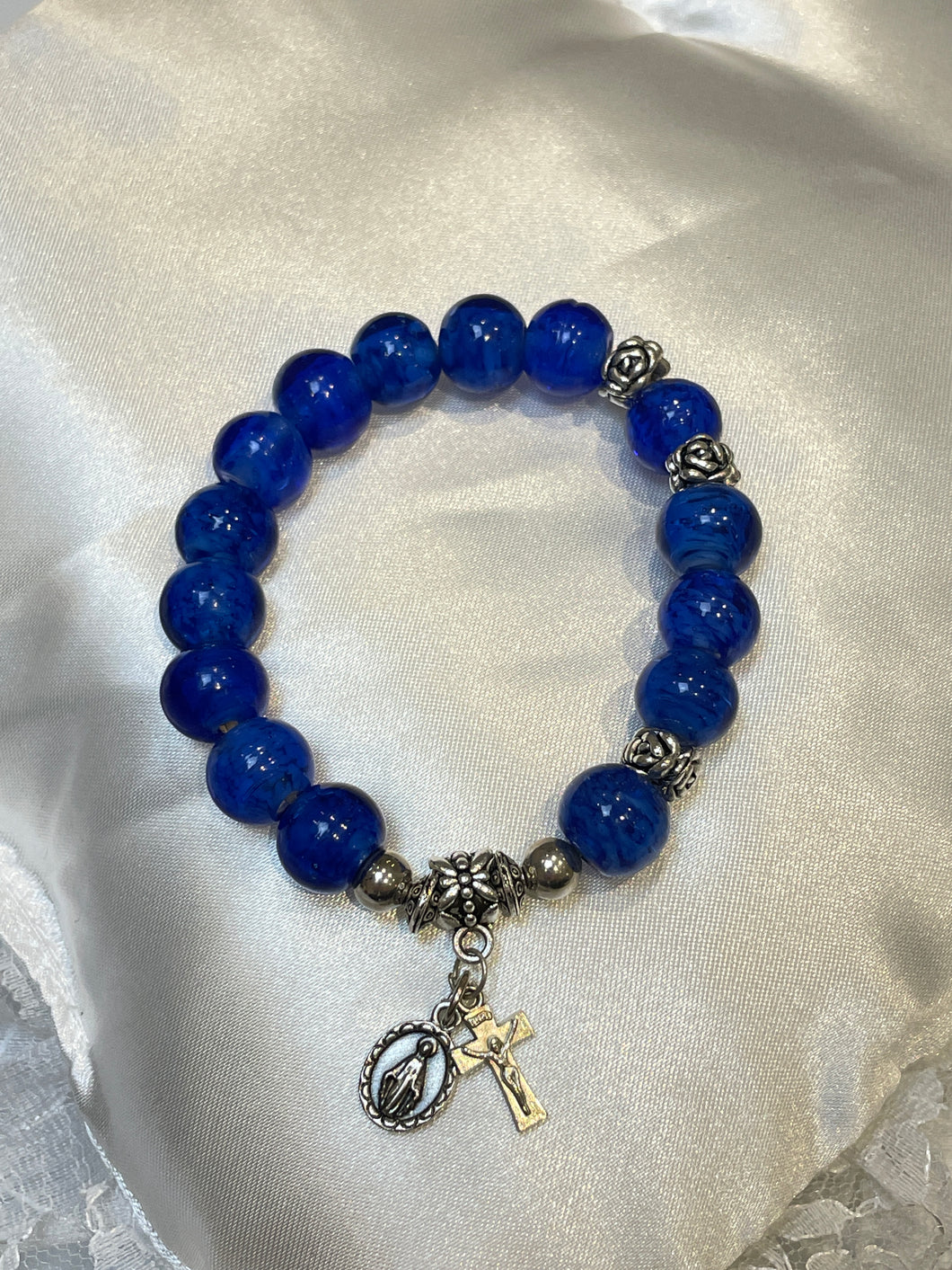 Navy Blue Gemstone Rosary Bracelet with Miraculous Medal and Crucifix Charms