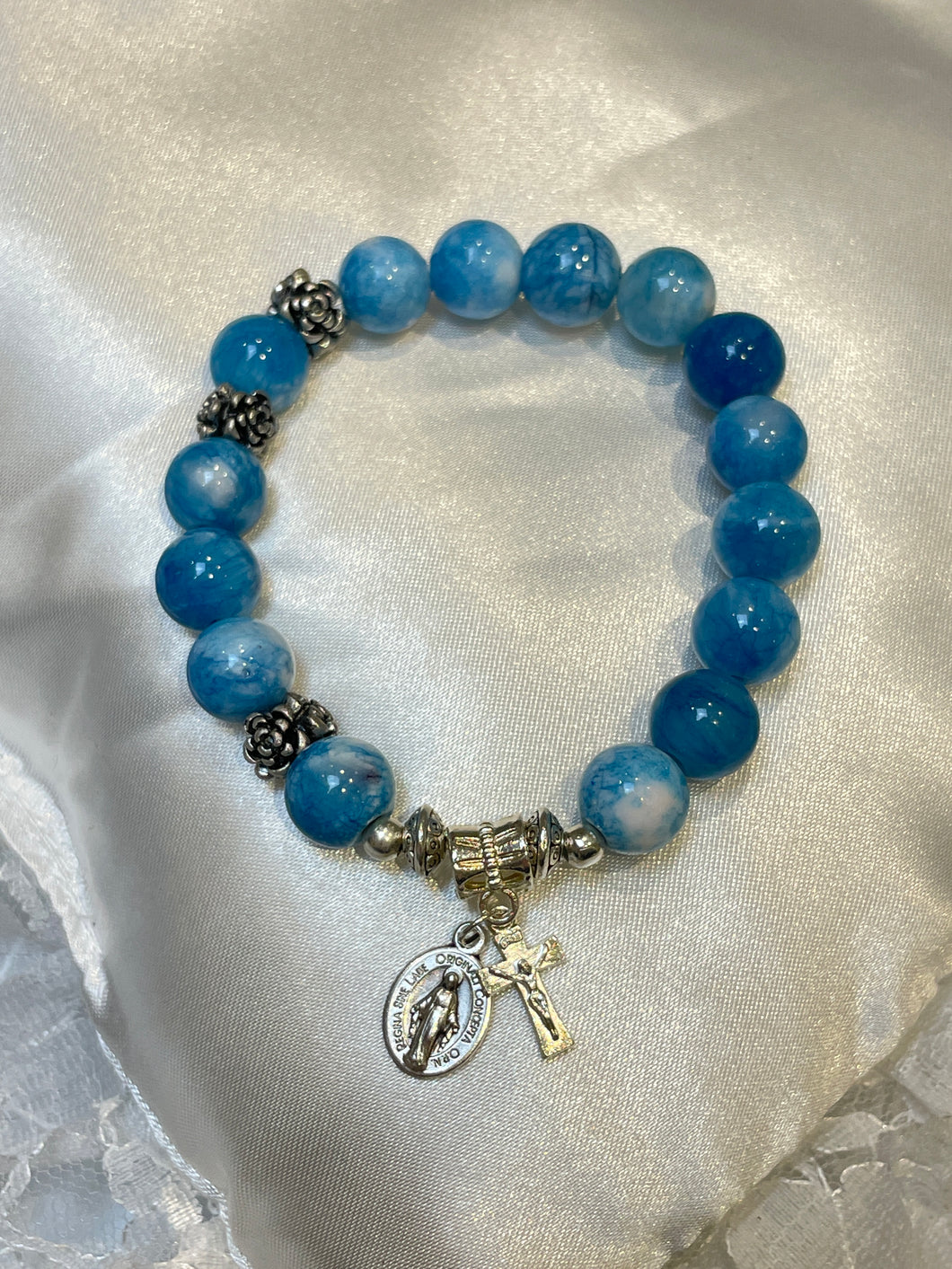Blue and White Gemstone Rosary Bracelet with Miraculous Medal and Crucifix Charms