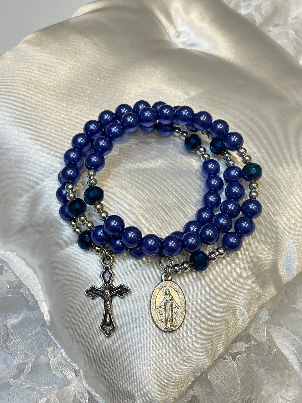 Blue Peal Rosary Bracelet with Miraculous Medal and Crucifix Charms