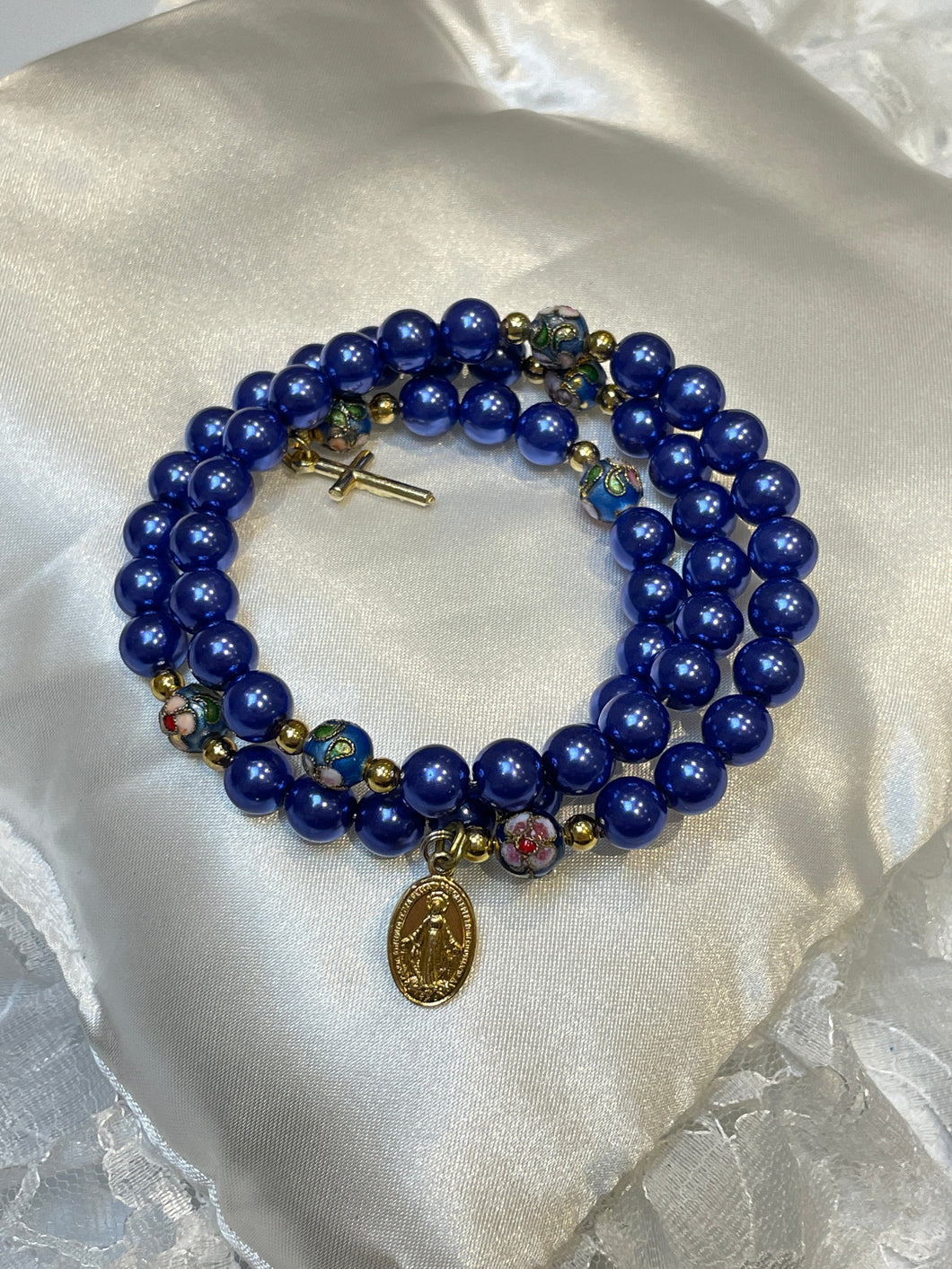 Navy Blue Pearl Rosary Bracelet with Miraculous Medal and Cross Charms