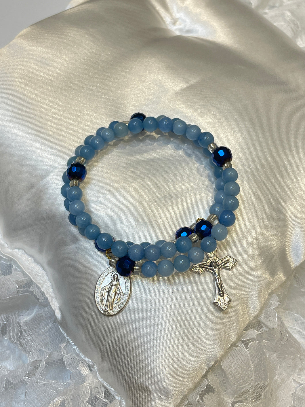 Light Blue and Navy Gemstone Rosary Bracelet with Miraculous Medal and Crucifix Charms