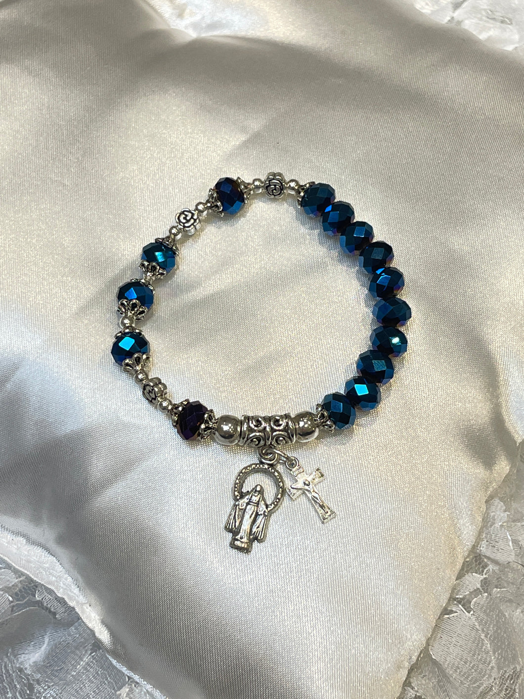 Dark Blue Crystal Rosary Bracelet with Our Lady of Grace and Crucifix Charms