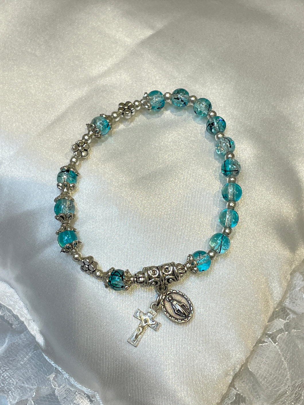 Turquoise Crystal Rosary Bracelet with Miraculous Medal and Crucifix Charms