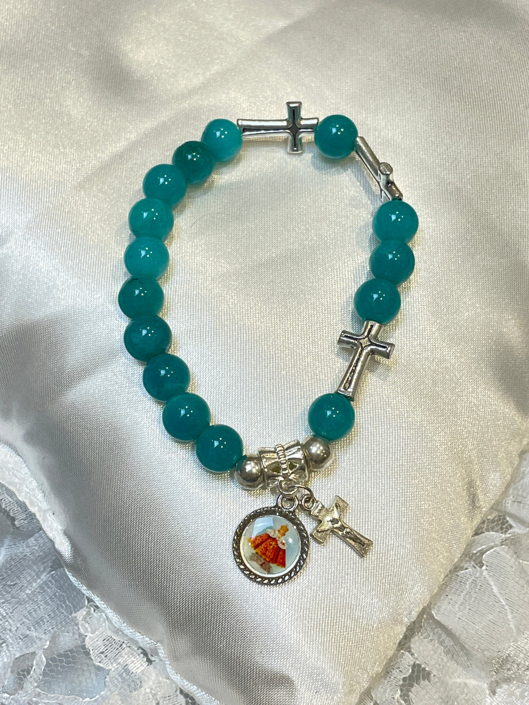 Turquoise Gemstone Rosary Bracelet with Infant Jesus of Prague Image and Crucifix Charms