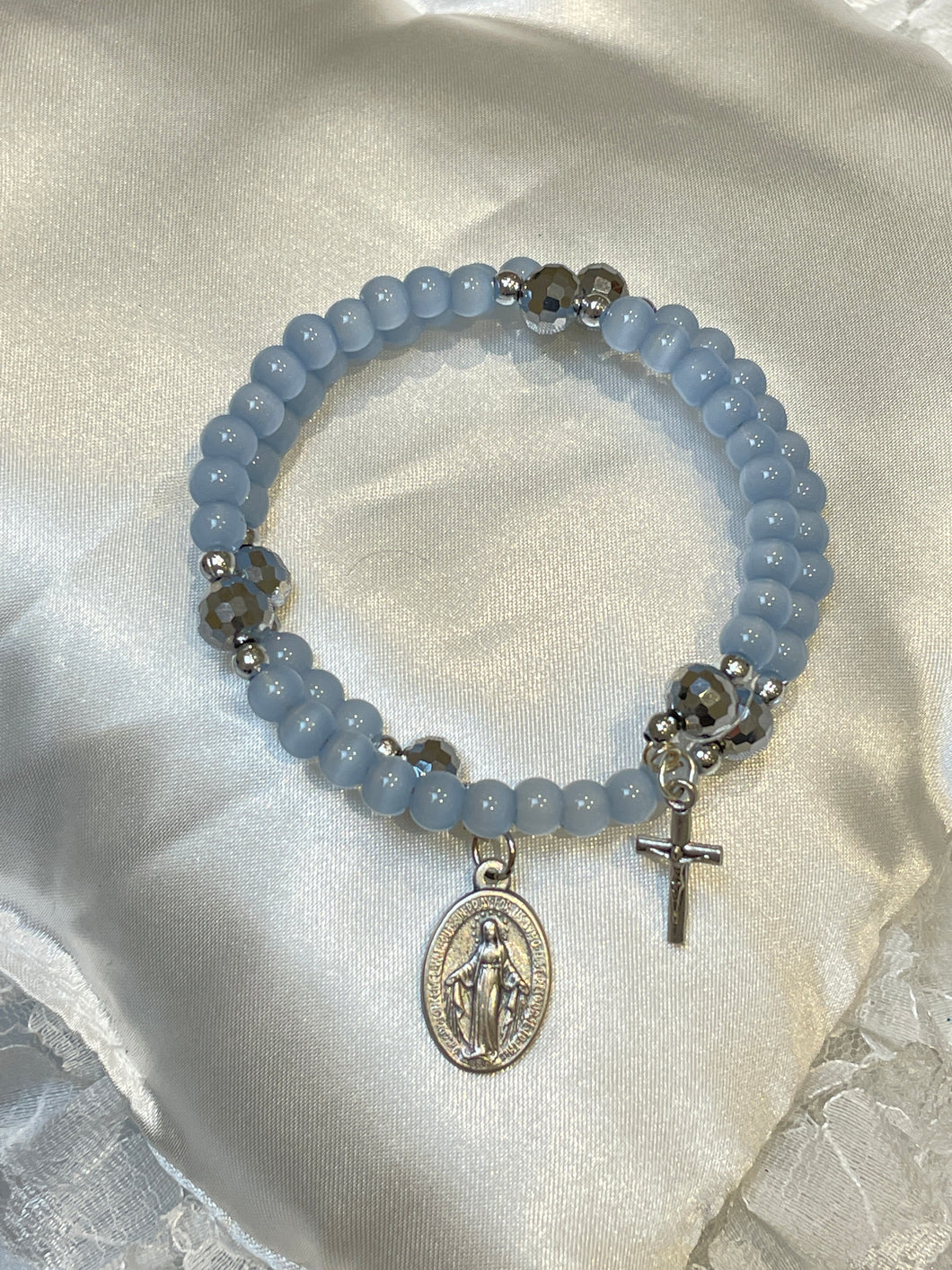 Light Blue Gemstone Rosary Bracelet with Miraculous Medal and Crucifix Charms