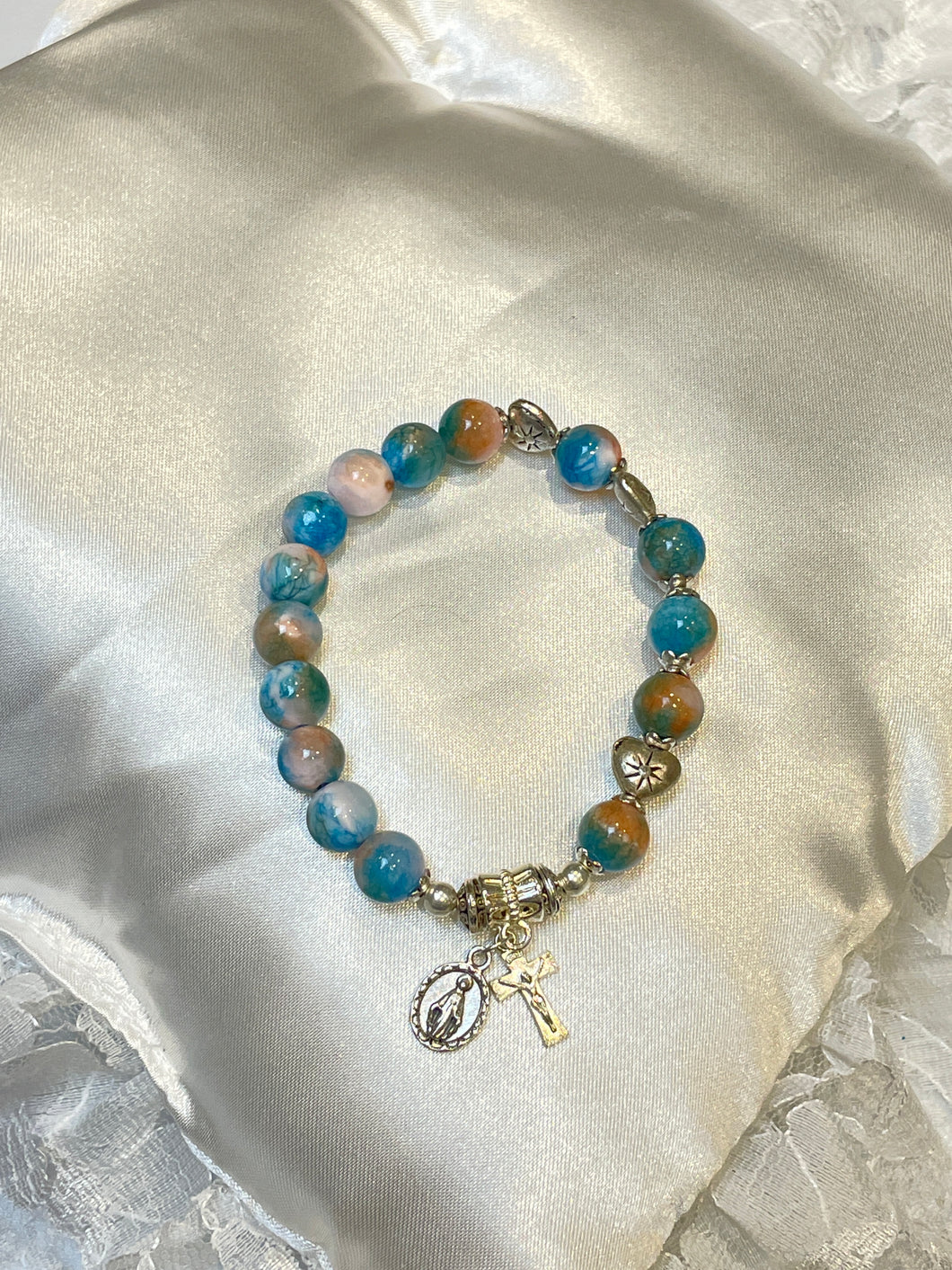 Mixed Colour Gemstone Rosary Bracelet with Miraculous Medal and Crucifix Charms