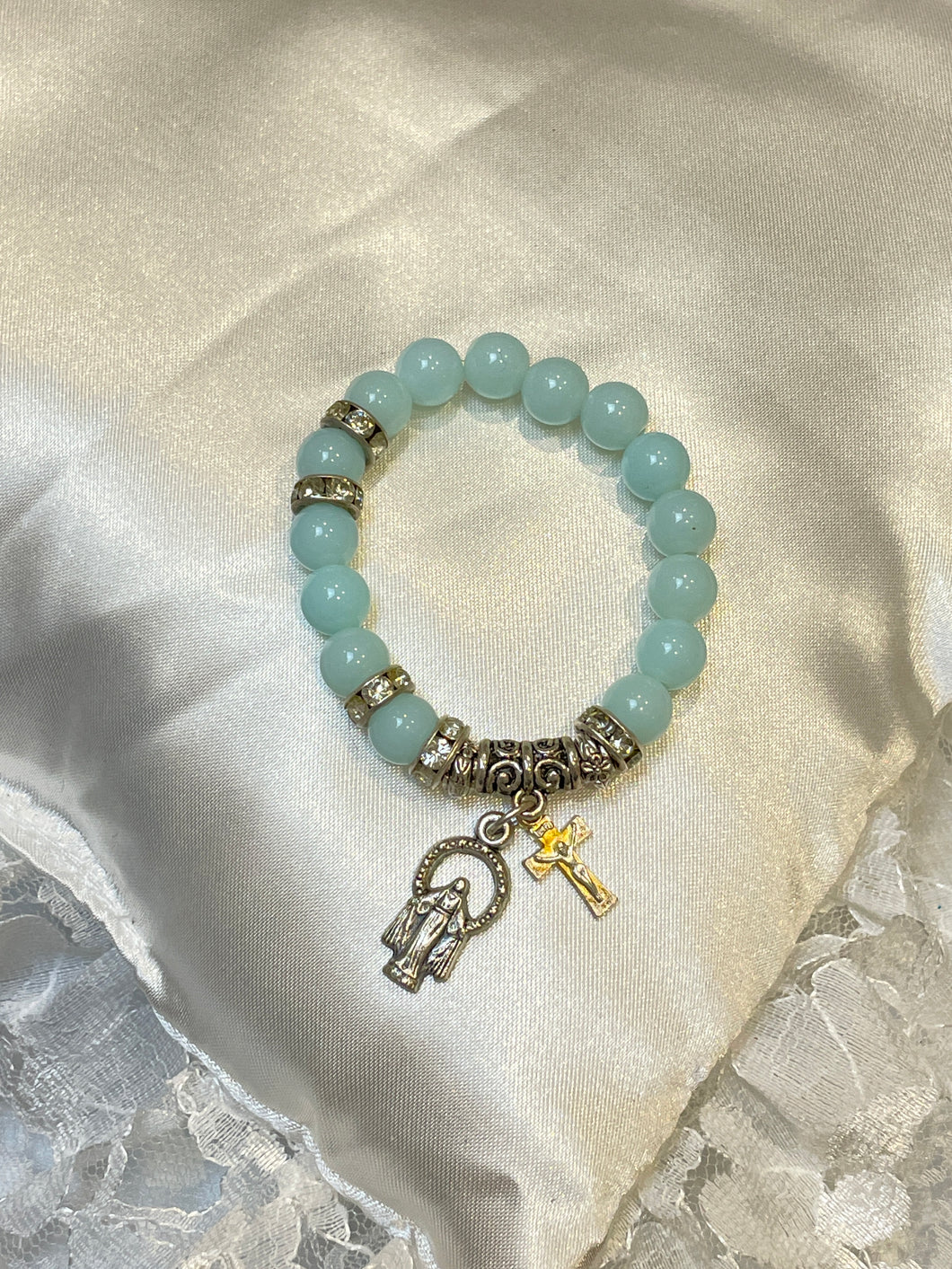 Light Blue Gemstone Rosary Bracelet with Our Lady of Grace and Crucifix Charms
