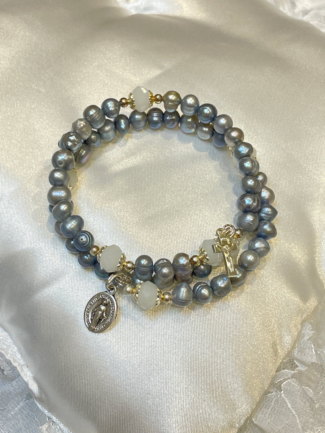 Blue Gray Peal Rosary Bracelet with Miraculous Medal and Crucifix Charms