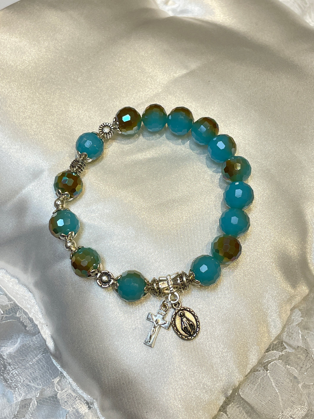 Blue Brown Crystal Rosary Bracelet with Miraculous Medal and Crucifix Charms