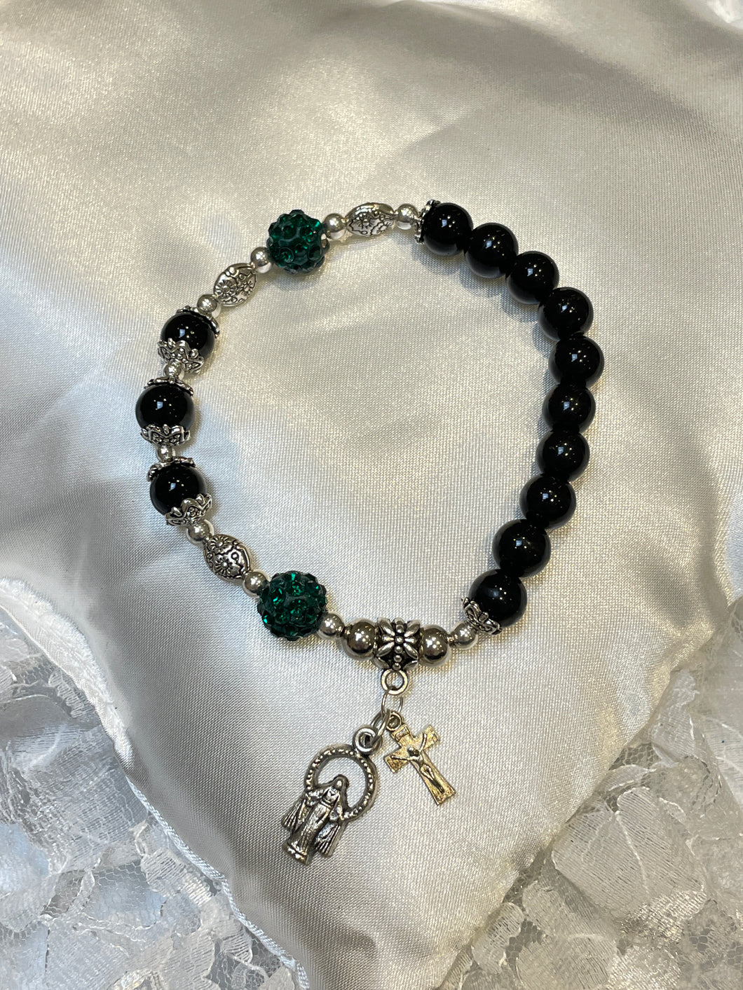 Black Gemstone and Emerald Green Rosary Bracelet with Charms