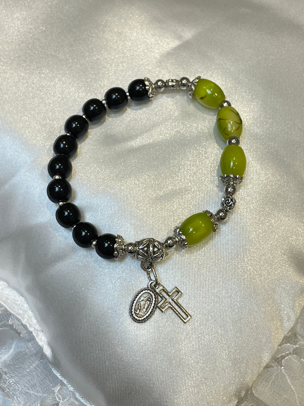 Black and Olive Green Rosary Bracelet with Charms