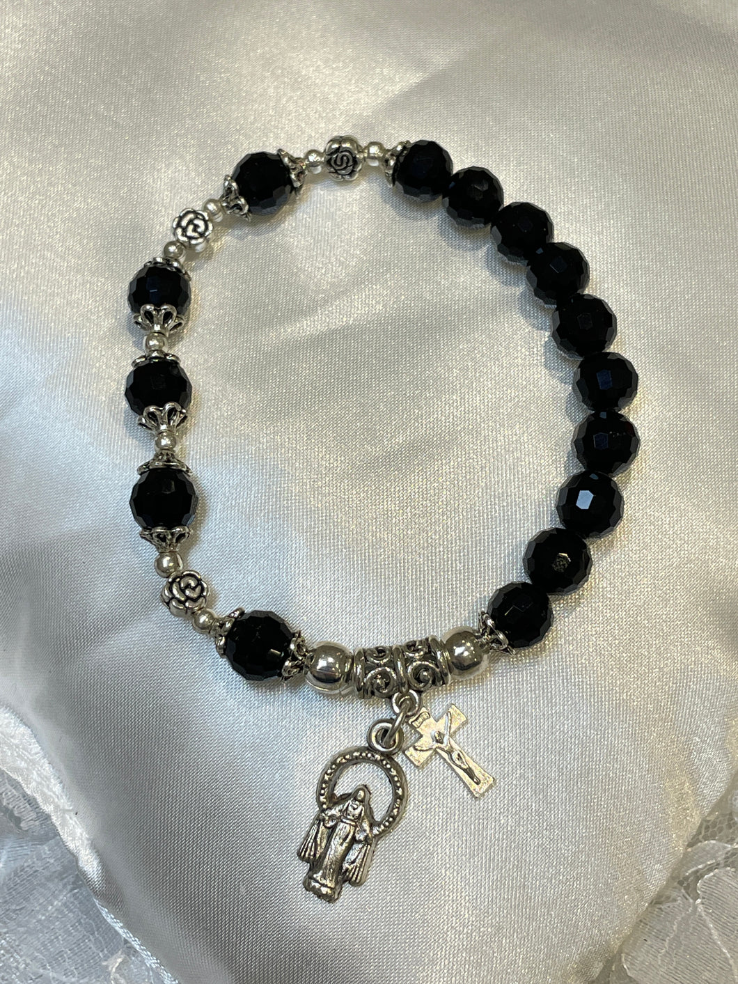 Black Gemstone Rosary Bracelet with Charms