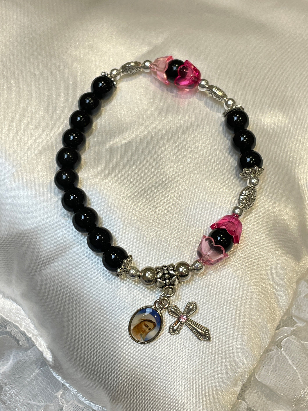 Black and Pink Tulip Rosary Bracelet with Charms