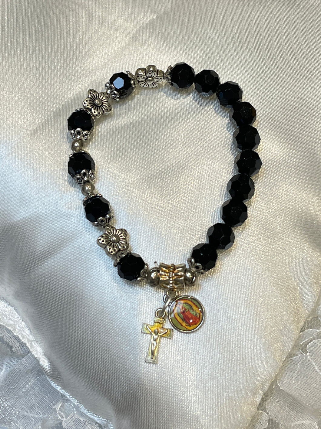 Black Gemstone Rosary Bracelet with Our Lady of Guadalupe Charm