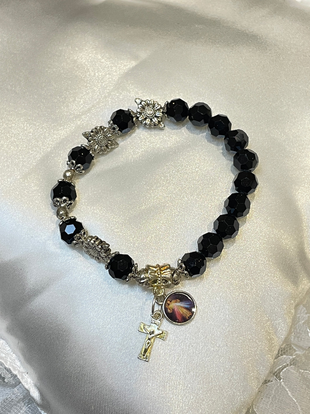 Black Gemstone Rosary Bracelet with Divine Mercy Image Charm