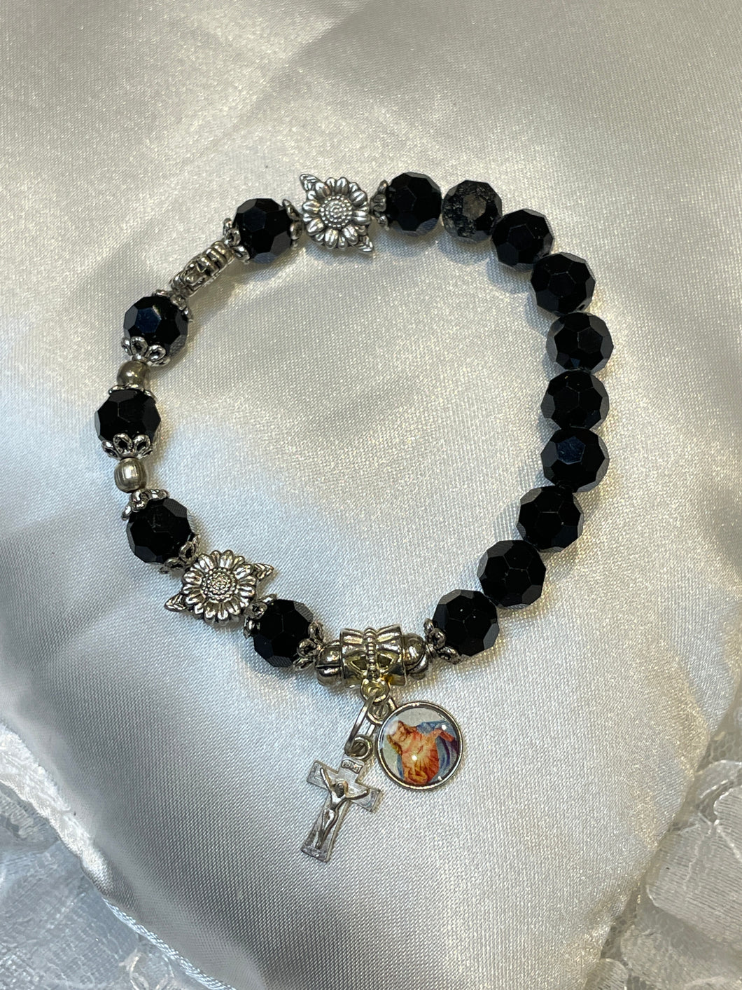 Black Gemstone Rosary Bracelet with Sacred Heart of Jesus Image Charm