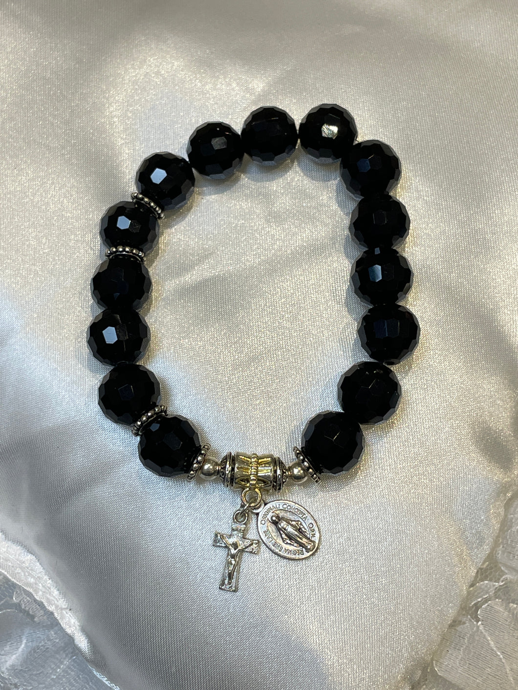 Black Gemstone Rosary Bracelet with Miraculous Medal Charm