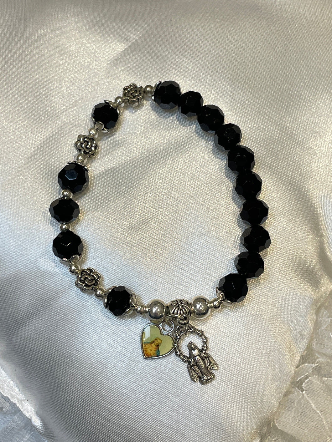 Black Gemstone Rosary Bracelet with Sacred Heart of Jesus Image Charm