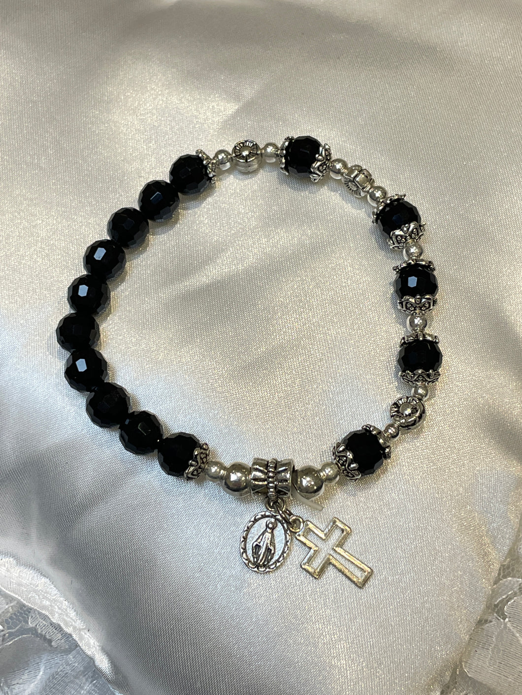Black Gemstone Rosary Bracelet with Miraculous Medal and Cross Charms