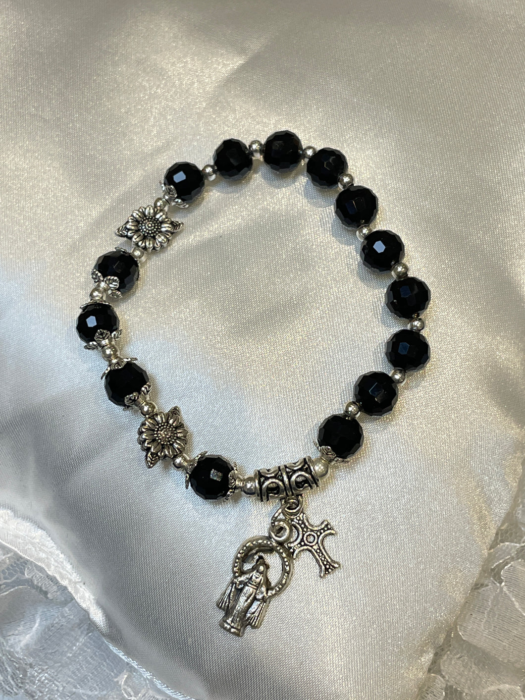 Black Gemstone Rosary Bracelet with Our Lady of Grace and Cross Charms