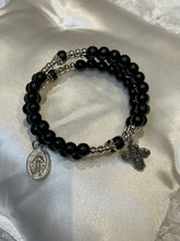 Load image into Gallery viewer, Long Black Gemstone Rosary Bracelet with Miraculous Medal Charm
