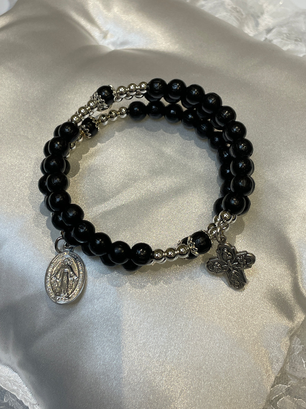 Long Black Gemstone Rosary Bracelet with Miraculous Medal Charm