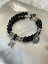 Load image into Gallery viewer, Long Black Gemstone Rosary Bracelet with Miraculous Medal Charm
