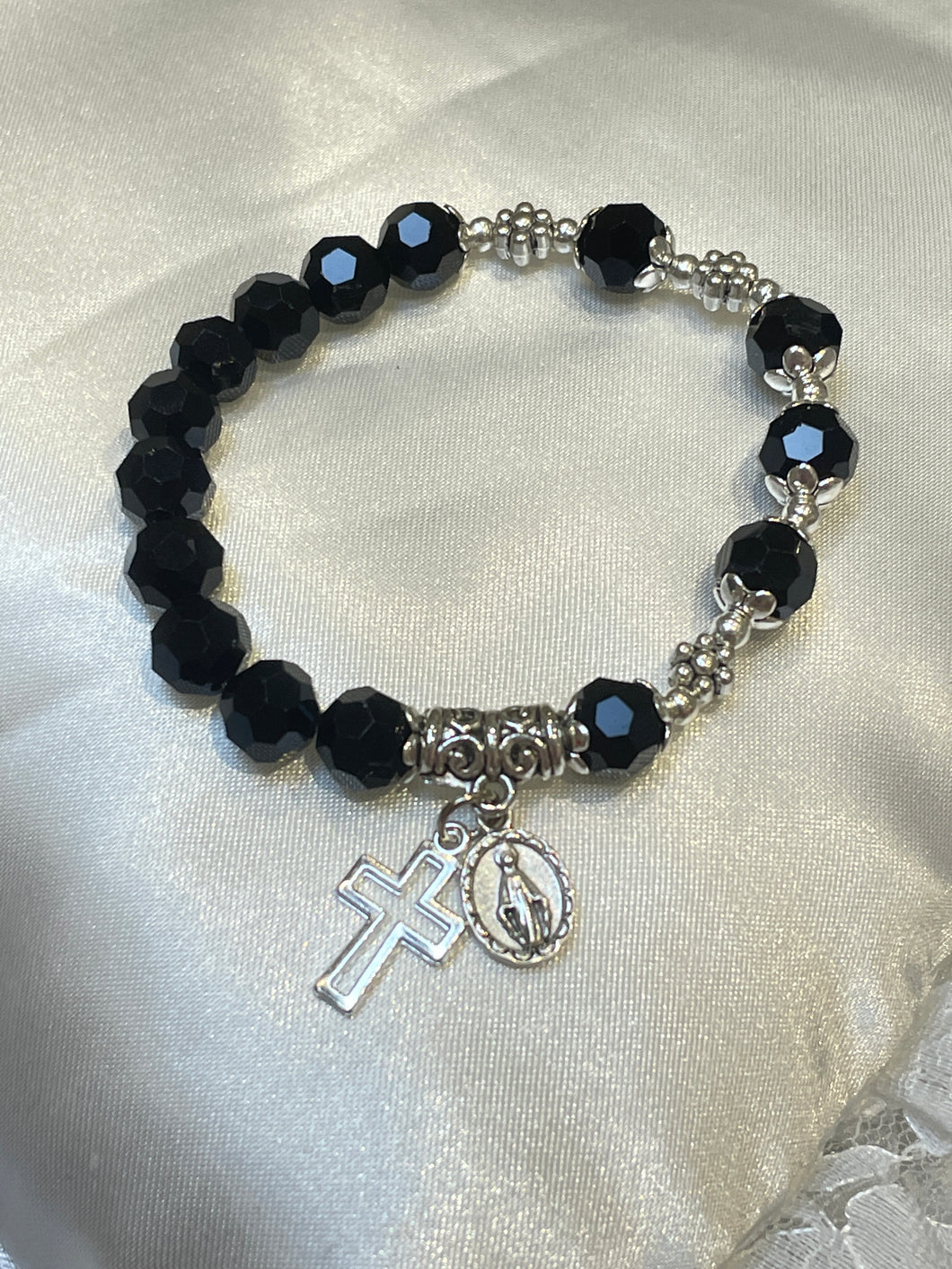 Black Crystal Rosary Bracelet with Miraculous Medal and Cross Charms