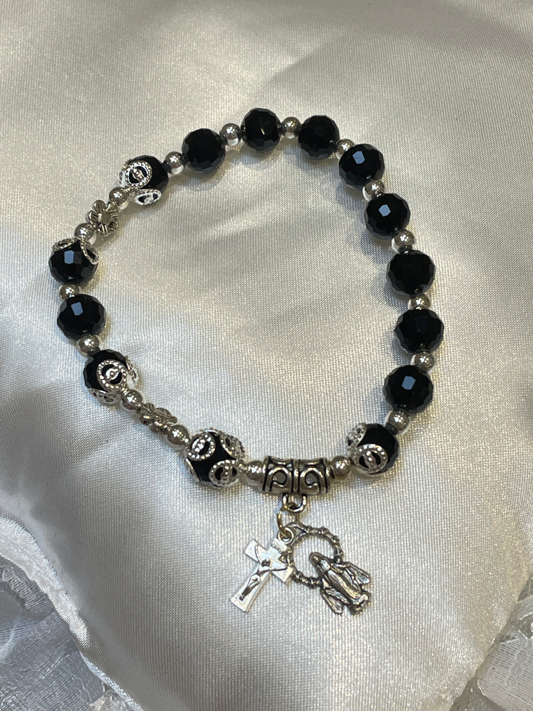 Black Crystal Rosary Bracelet with Our Lady of Grace and Crucifix Charms