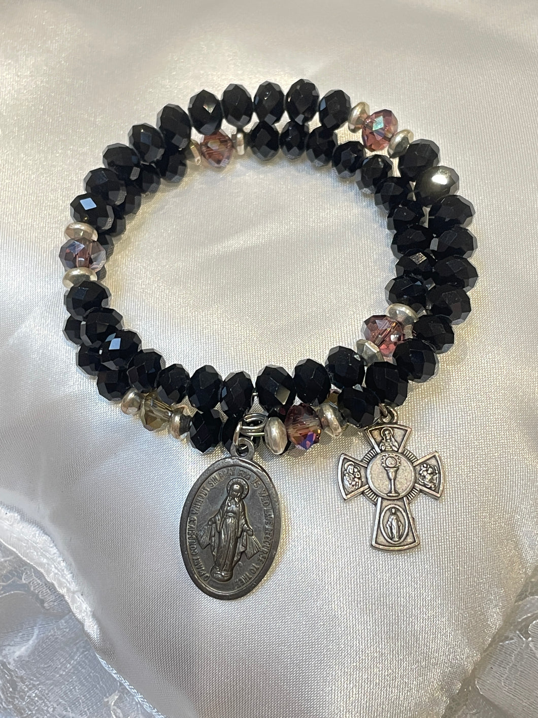 Black and Translucent Opal Crystal Rosary Bracelet with Miraculous Medal and Cross Charms