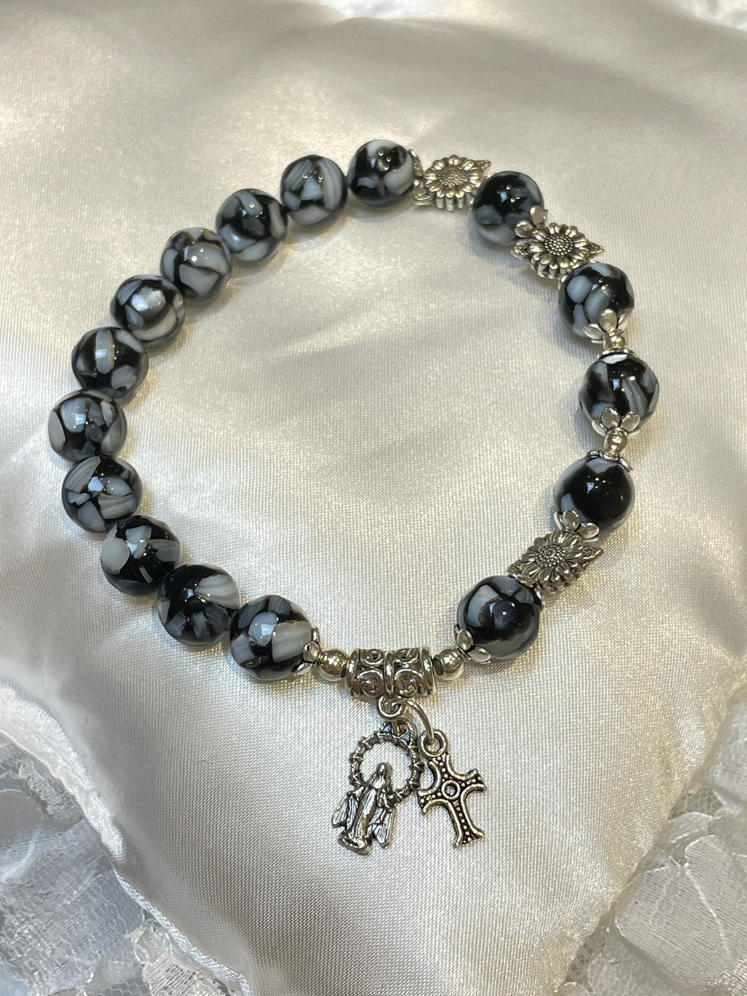 Black/White Gemstone Rosary Bracelet with Our Lady of Grace and Cross Charms