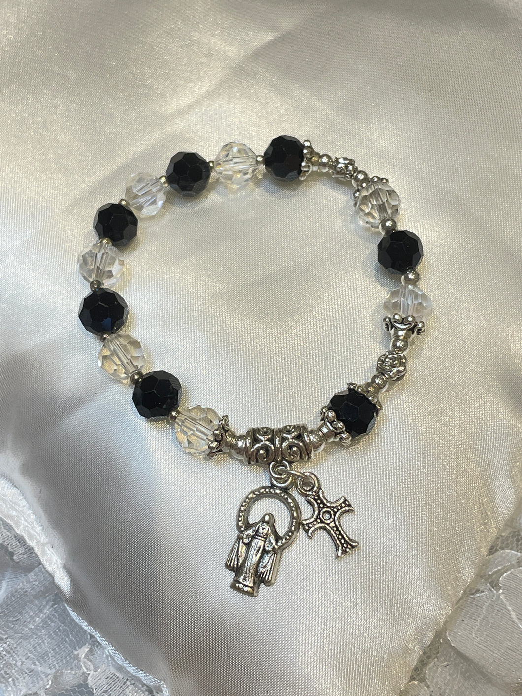 Black and Clear Crystal Rosary Bracelet with Our Lady of Grace and Cross Charms