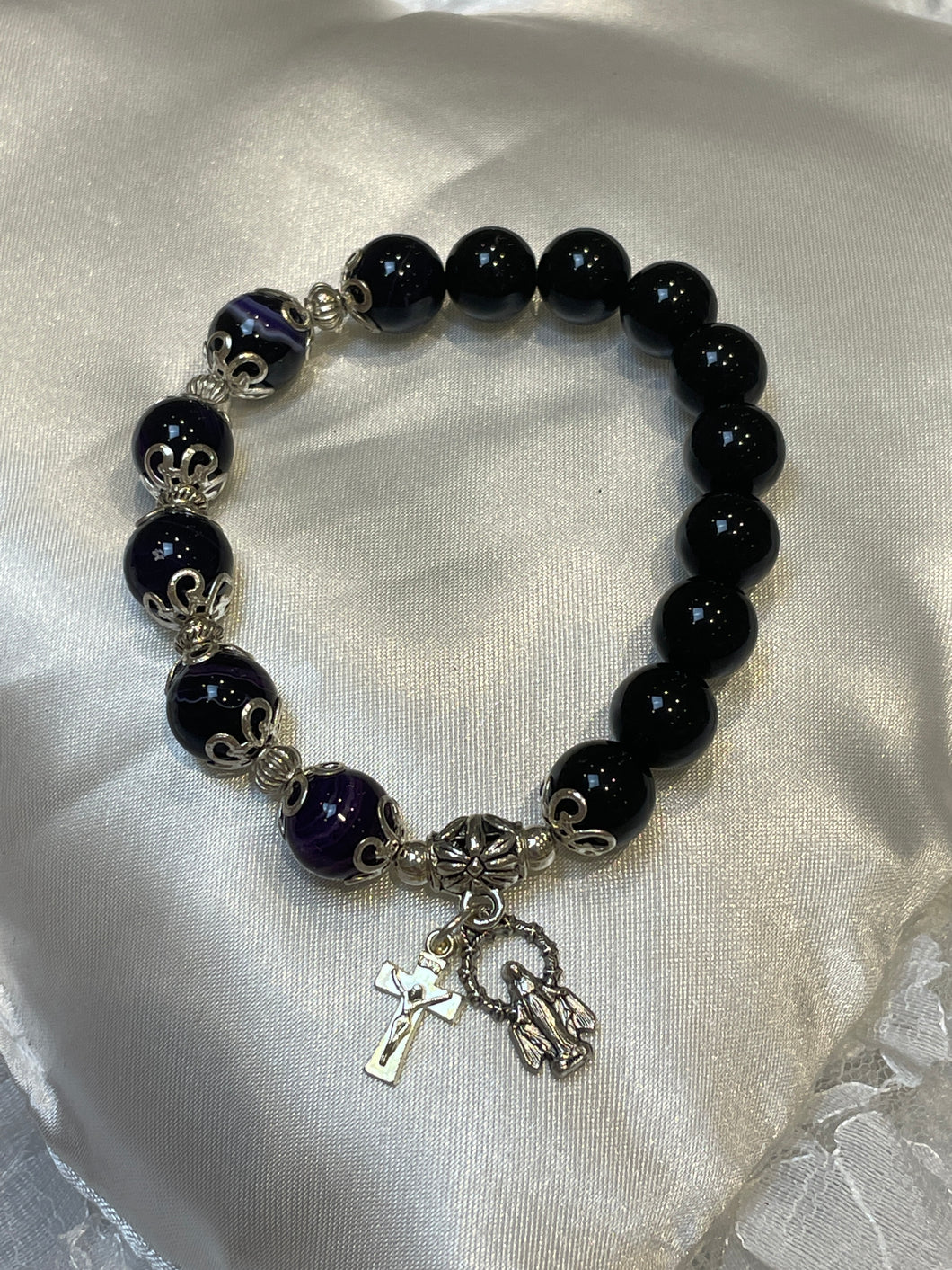 Black Gemstone Rosary Bracelet with Our Lady of Grace and Crucifix Charms