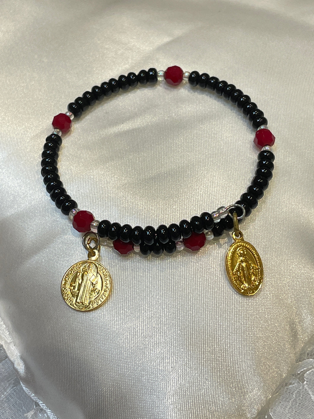 Long Black and Red Crystal Rosary Bracelet with Saint Benedict and Miraculous Medal Charms
