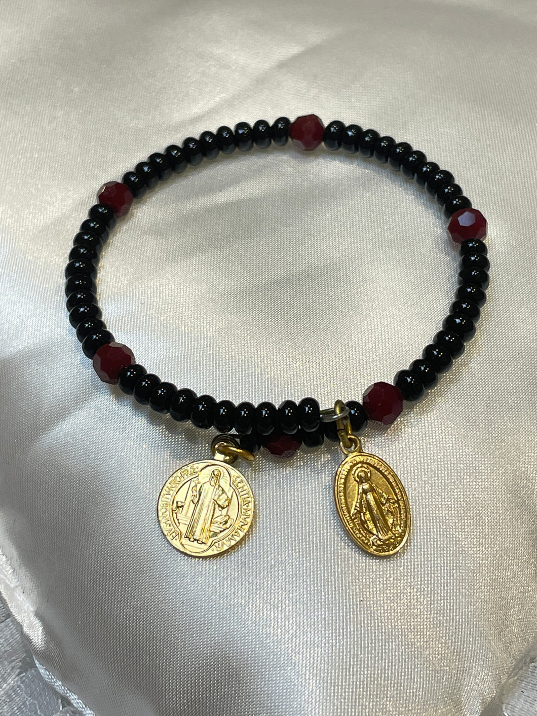 Long Black and Dark Red Crystal Rosary Bracelet with Saint Benedict Medal and Miraculous Medal Charms