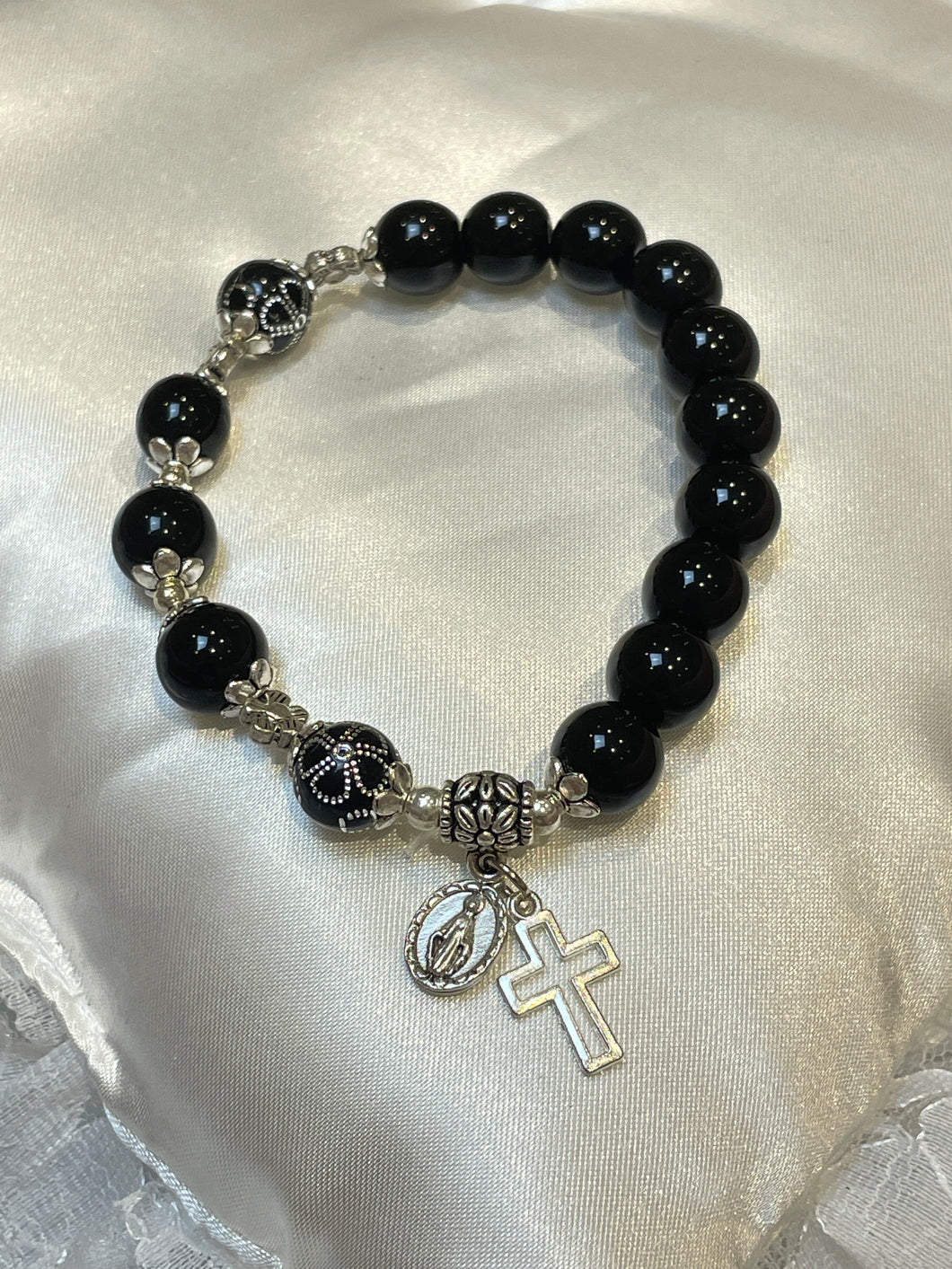 Black Gemstone Rosary Bracelet with Cross and Miraculous Medal Charms