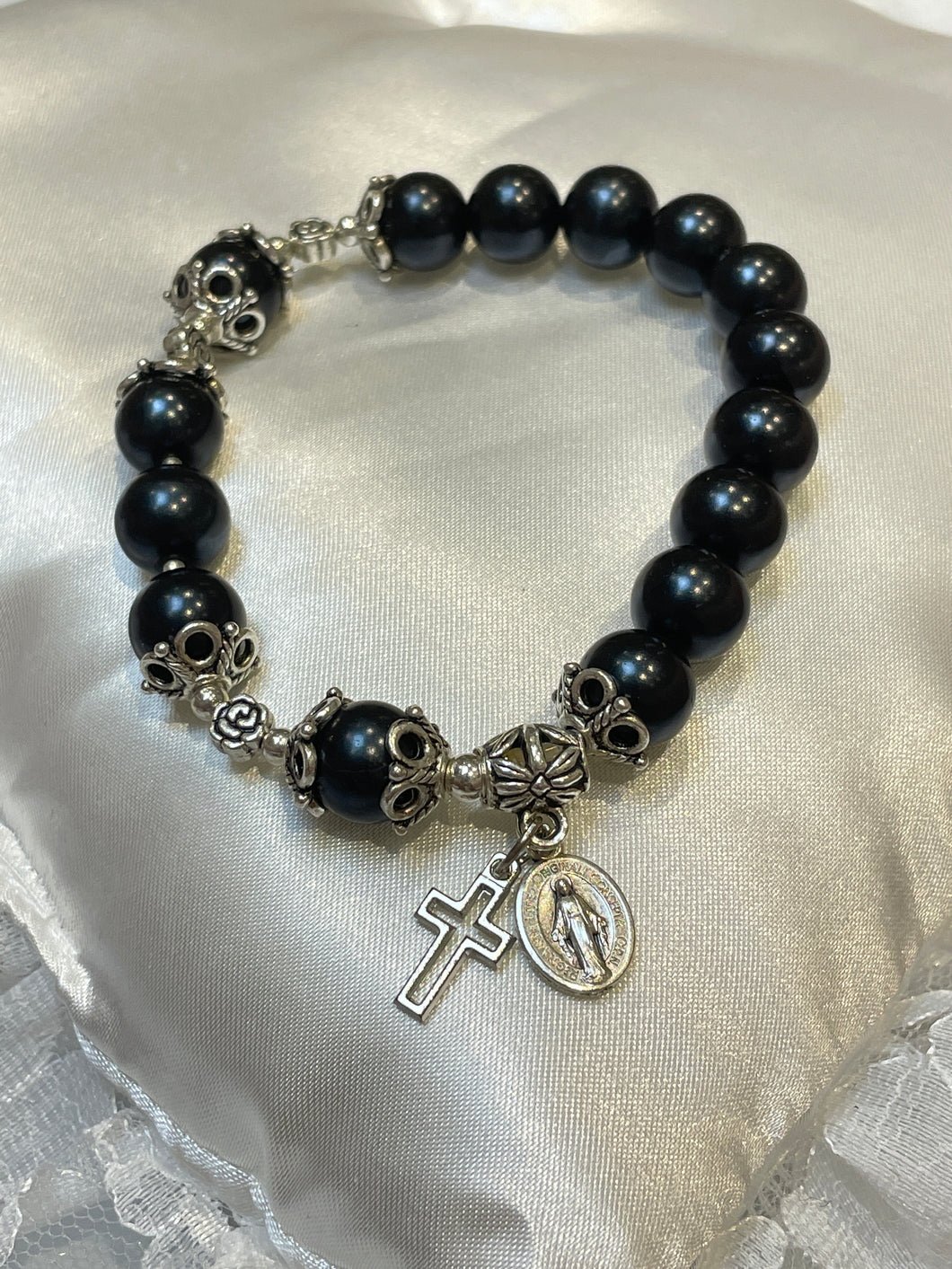 Black Gemstone Rosary Bracelet with Miraculous Medal and Cross Charm