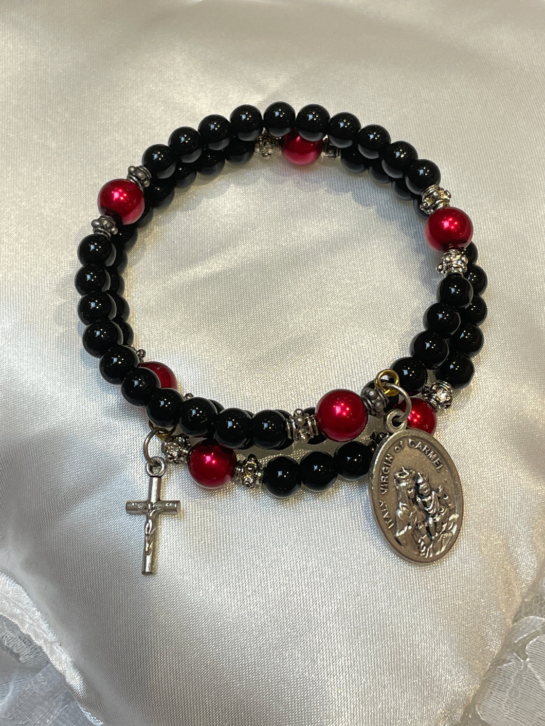 Black and Red Gemstone Rosary Bracelets with Our Lady of Mount Carmel and Sacred Heart of Jesus Charms