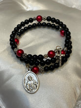 Load image into Gallery viewer, Black and Red Gemstone Rosary Bracelets with Our Lady of Mount Carmel and Sacred Heart of Jesus Charms
