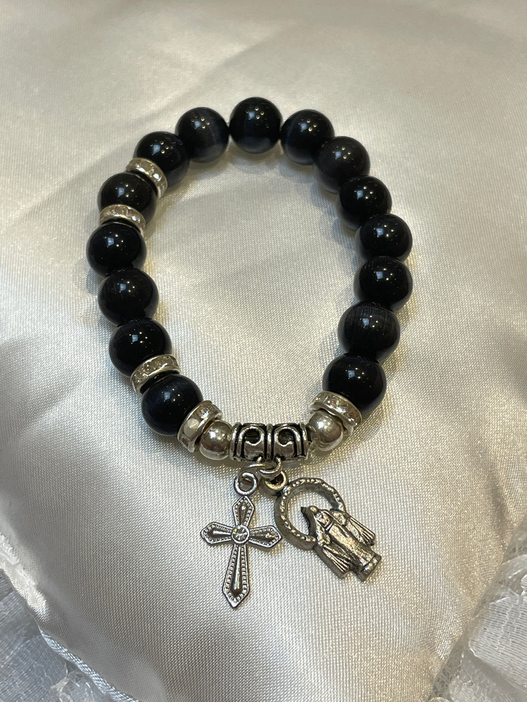 Black Gemstone Rosary Bracelet with Our Lady of Grace and Cross Charms